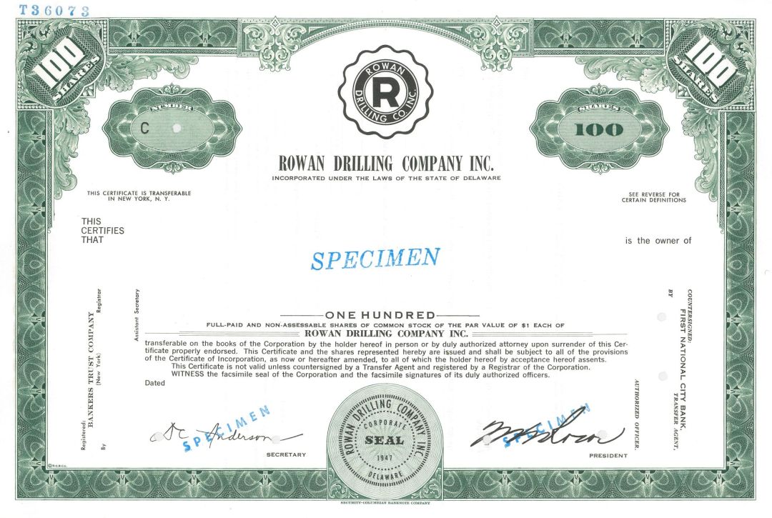 Rowan Drilling Co. Inc. - Offshore Drilling Specimen Stock Certificate