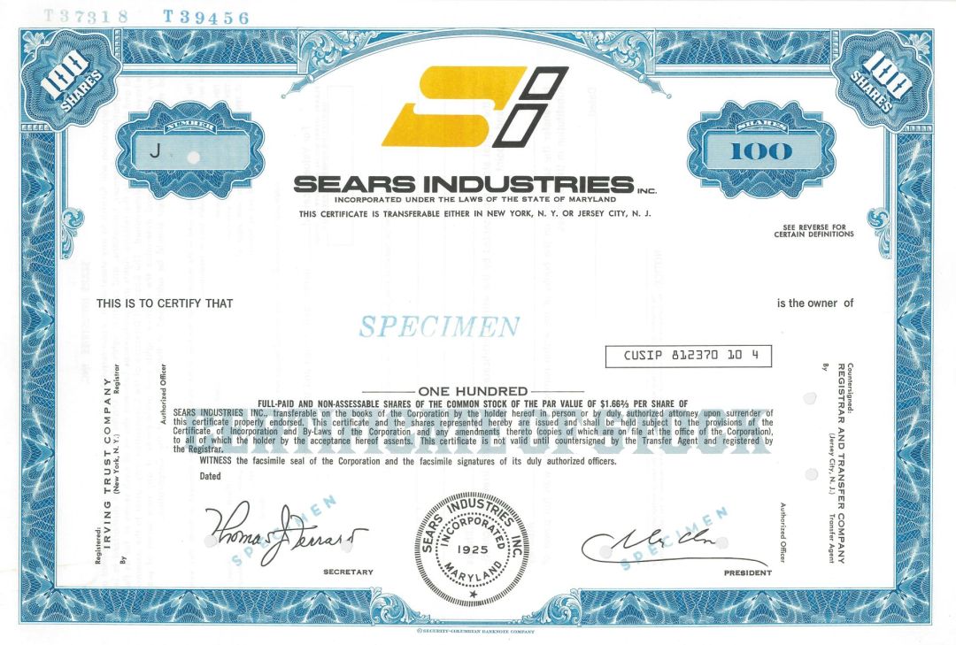 Sears Industries - Specimen Stock Certificate