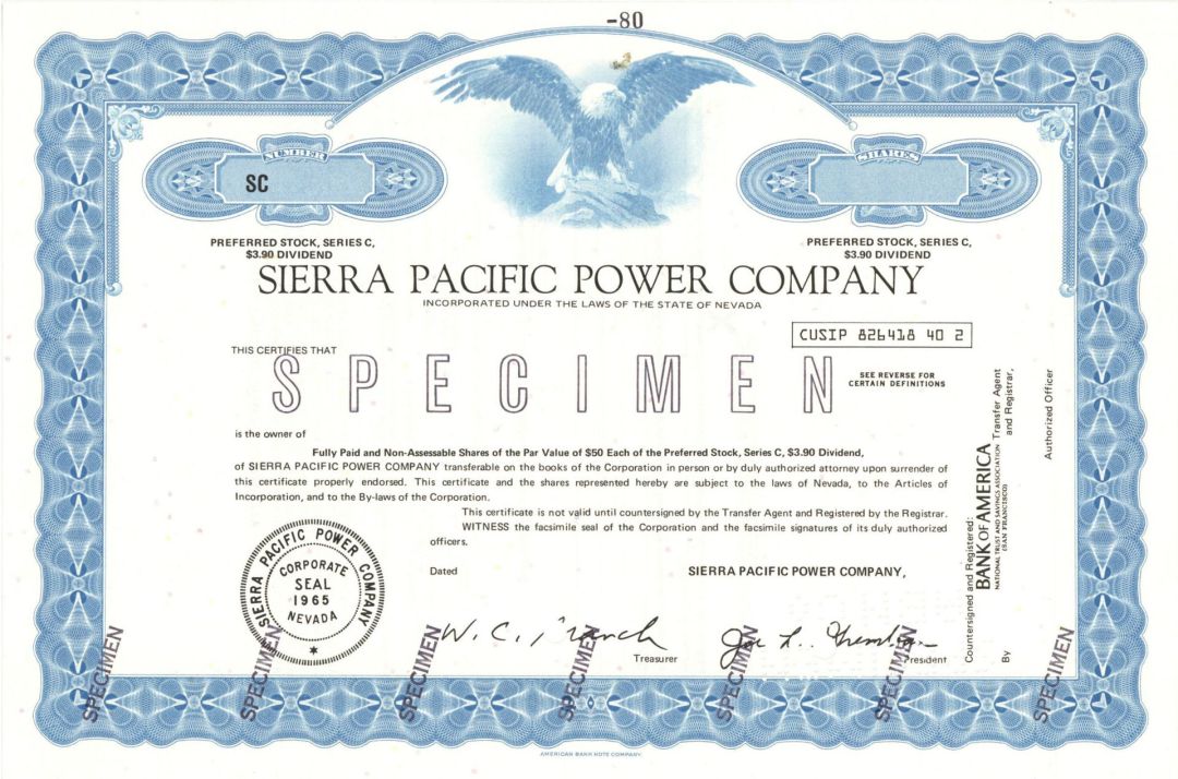 Sierra Pacific Power Co. - Specimen Stock Certificate