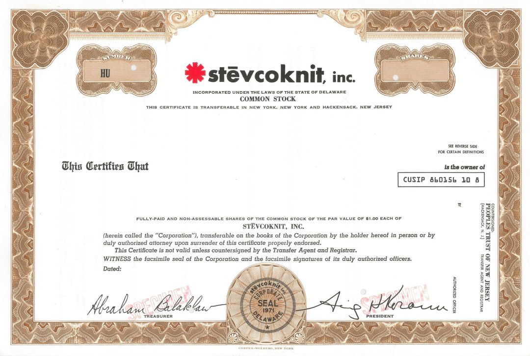 Stevcoknit, Inc.- Specimen Stock Certificate