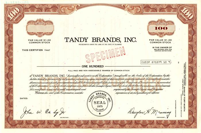 Tandy Brands, Inc. - Specimen Stock Certificate