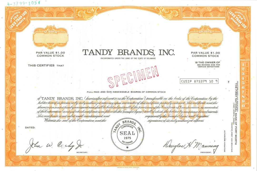 Tandy Brands, Inc. - Owned the RadioShack Chain - Specimen Stock Certificate