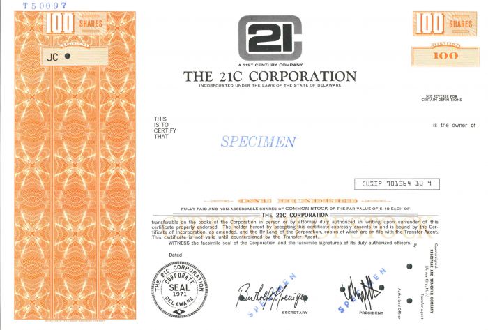 21C Corporation - Specimen Stock Certificate