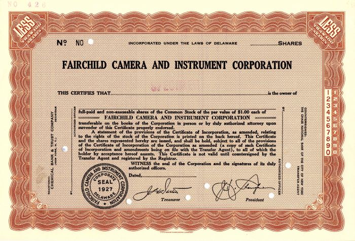 Fairchild Camera and Instrument Corporation - Specimen Stock Certificate