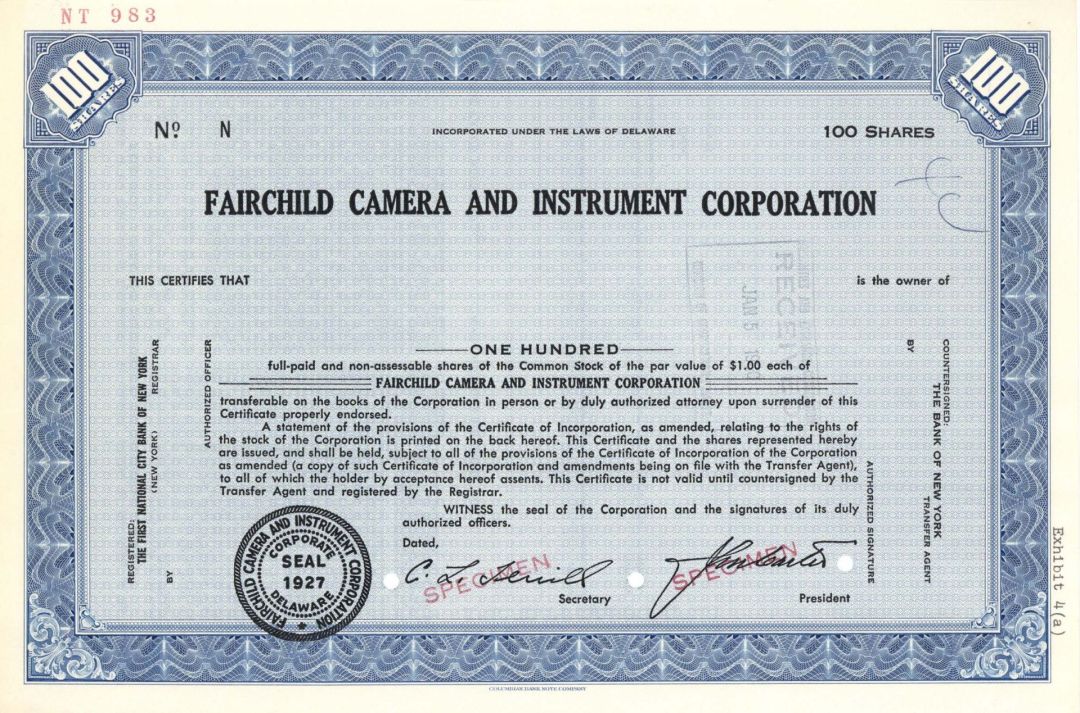 Fairchild Camera and Instrument Corp. - Specimen Stock Certificate
