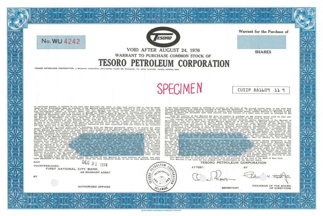 Tesoro Petroleum Corporation - 1974 dated Specimen Stock Certificate - Also Known as Andeavor