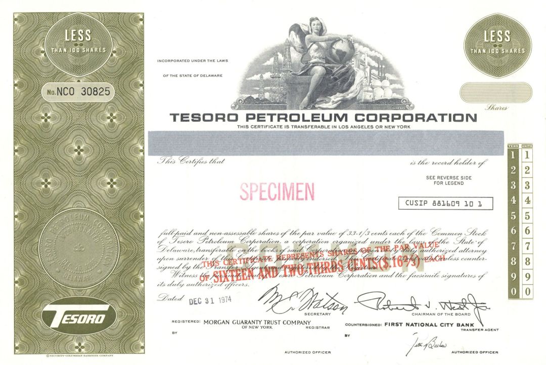 Tesoro Petroleum Corporation - 1974 dated Specimen Stock Certificate - Also Known as Andeavor