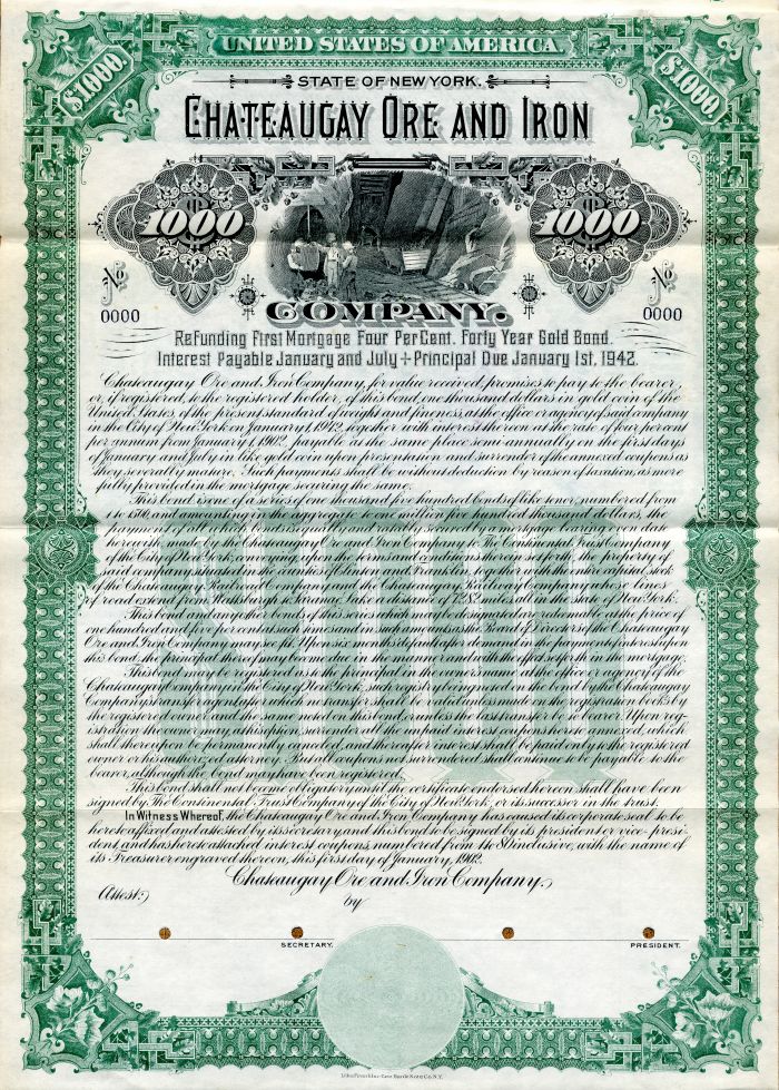 Chateaugay Ore and Iron Co. - $1,000 Specimen Bond