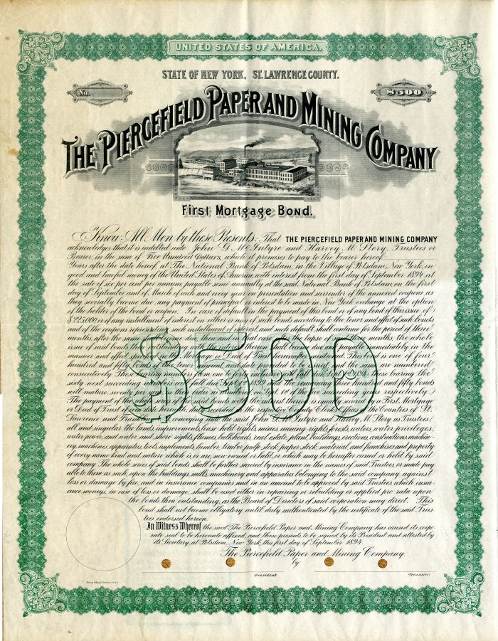 Piercefield Paper and Mining Co. - $500 Specimen Bond