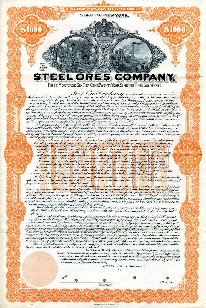 Steel Ores Co. - $1,000 Specimen Bond