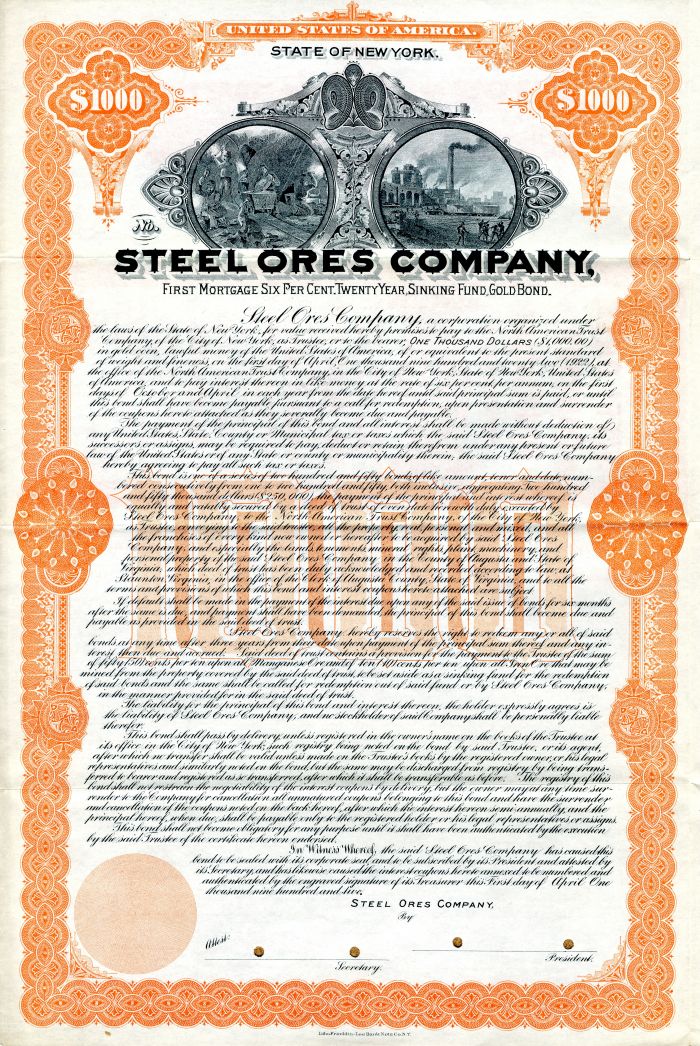 Steel Ores Co. - 1905 dated $1,000 New York Specimen Bond