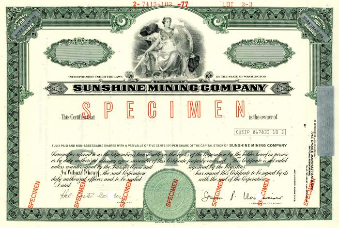 Sunshine Mining Co. - Washington Specimen Stock Certificate