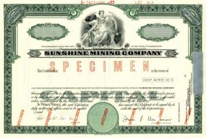 Sunshine Mining Co. - Washington Specimen Stock Certificate