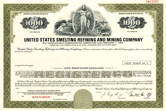 United States Smelting Refining and Mining Co. - $1,000 Specimen Bond