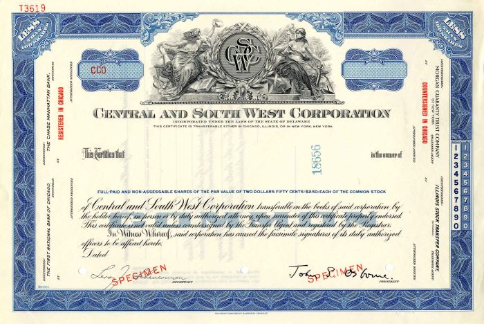 Central and South West Corporation - Specimen Stock Certificate