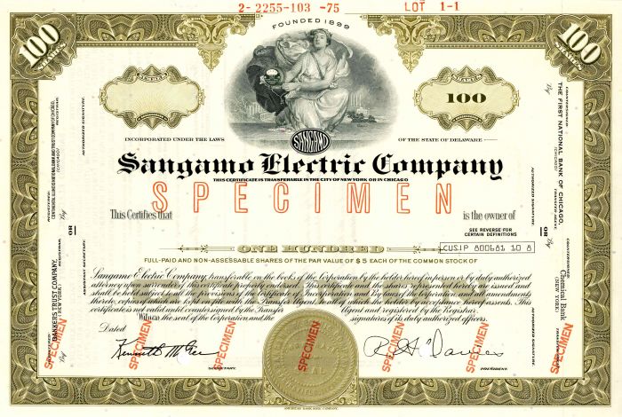 Sangamo Electric Co. - Specimen Stock Certificate