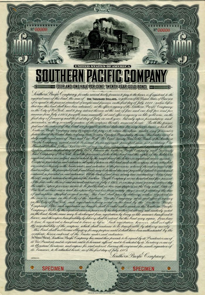 Southern Pacific Co. - Specimen Bond Certificate