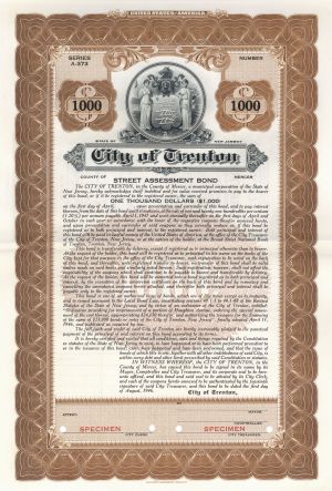 City of Trenton - 1946 dated $1,000 Specimen Bond - Trenton, New Jersey