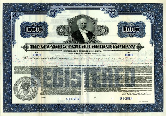 New York Central Railroad Co. - $10,000 Specimen Bond