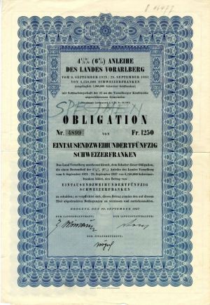 Austria Bond - 1,000 Swiss Francs Specimen Bond