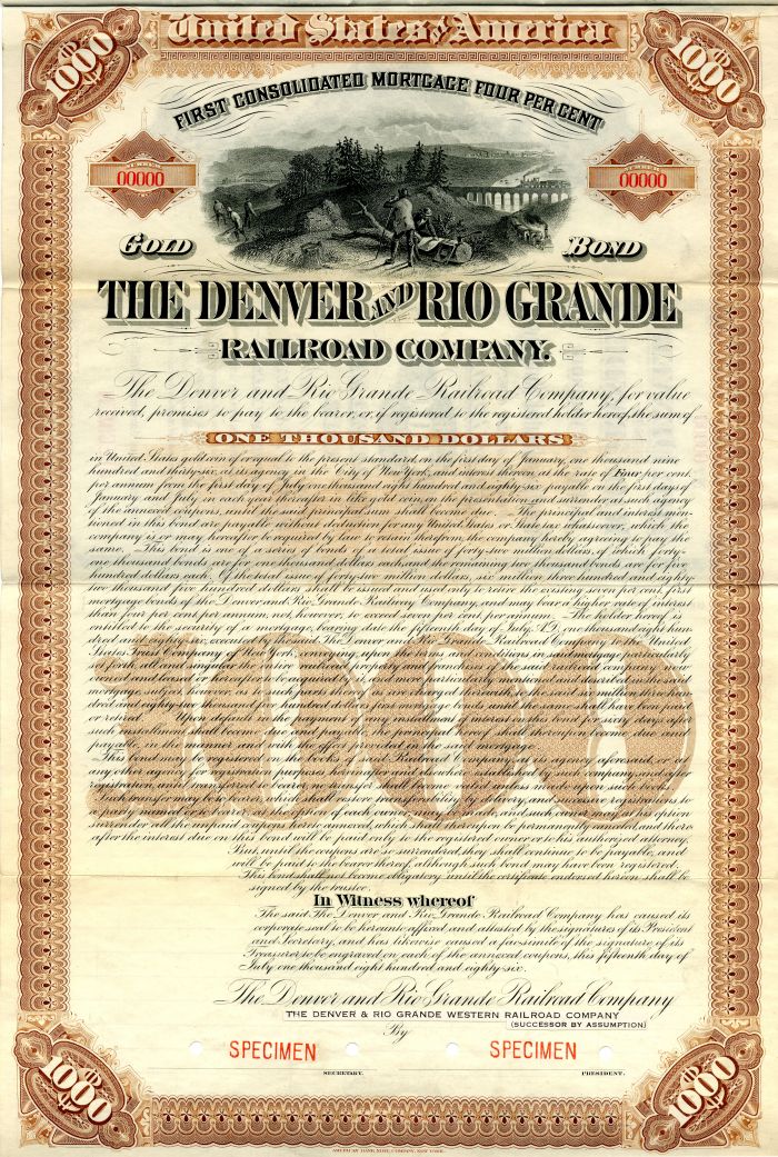 Denver and Rio Grande Railroad Co. - $1,000 Specimen Bond