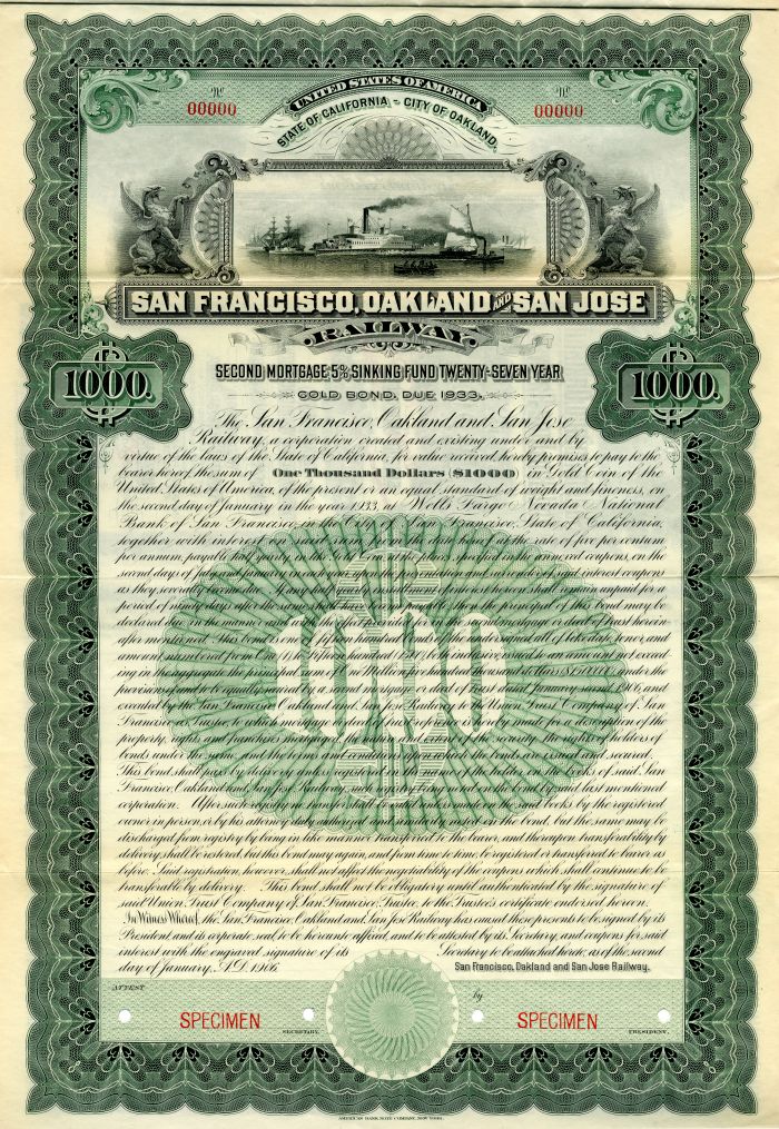 San Francisco, Oakland and San Jose Railway - Specimen $1,000 Bond