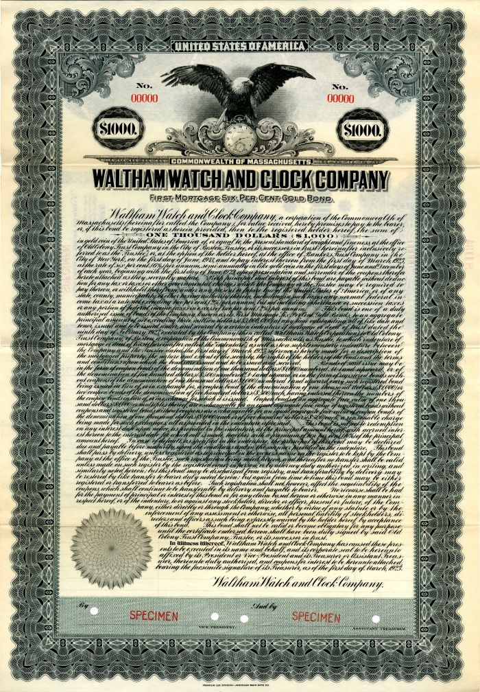 Waltham Watch and Clock Co. - Specimen Bond