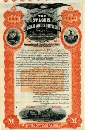 St. Louis, Siloam and Southern Railroad Co. - 1896 dated $1,000 Specimen Railway Bond