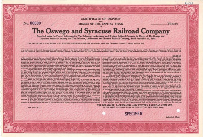 Oswego and Syracuse Railroad Co. - Specimen Stock