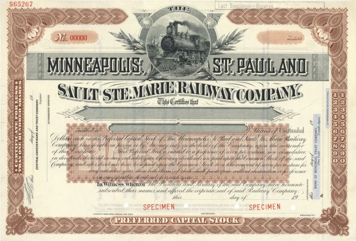 Minneapolis, St. Paul and Sault Ste. Marie Railway Co. - Specimen Stock