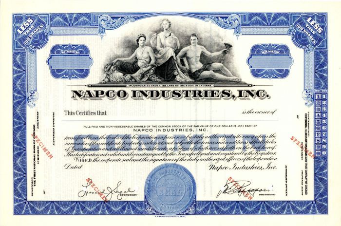 Napco Industries, Inc. - Specimen Stock Certificate