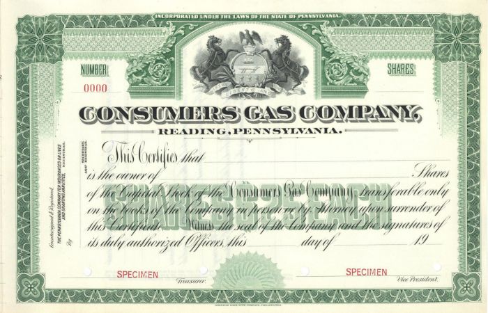 Consumers Gas Co. - Specimen Stock Certificate