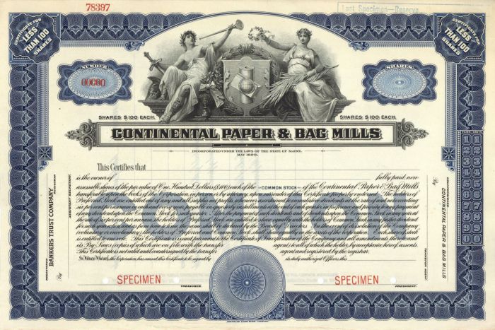Continental Paper and Bag Mills - Specimen Stock Certificate