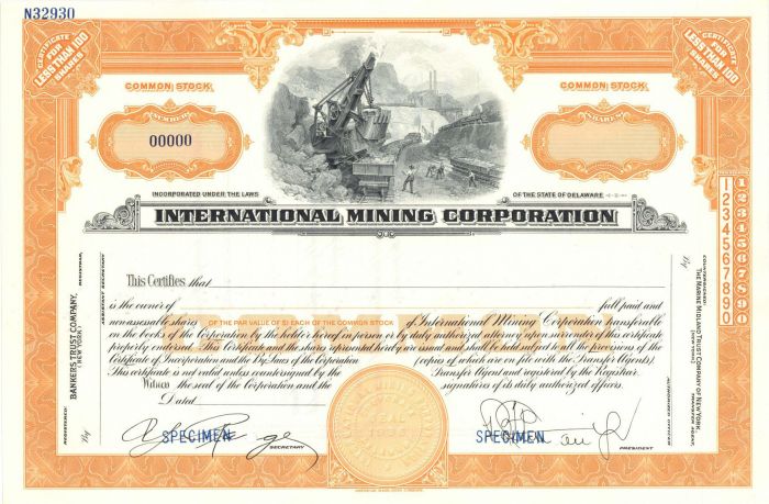 International Mining Corporation - Specimen Stock Certificate