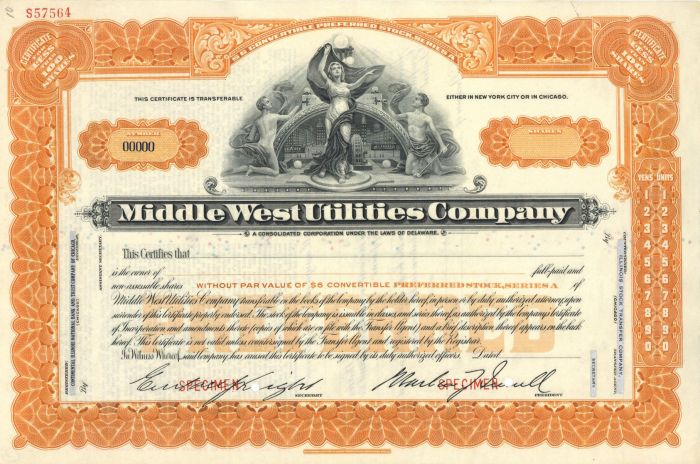 Middle West Utilities Co. - Specimen Stock Certificate