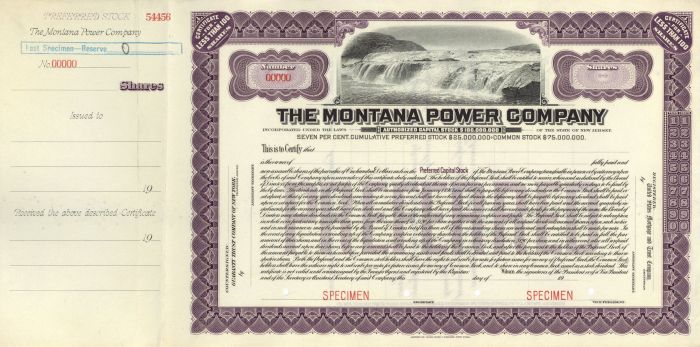 Montana Power Co. - Specimen Stock Certificate