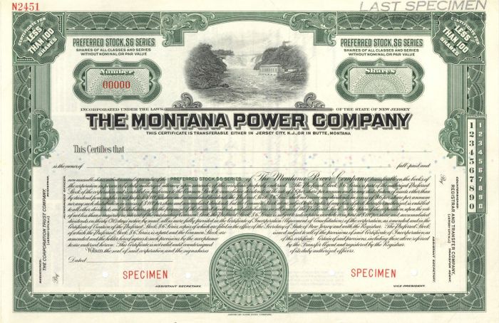 Montana Power Co. - Specimen Stock Certificate