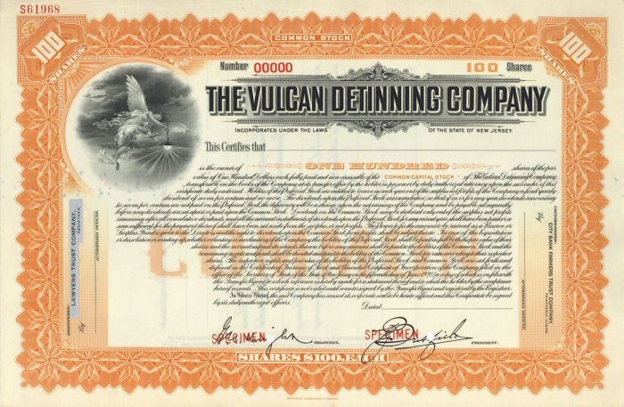 Vulcan Detinning Co. - Specimen Stock Certificate