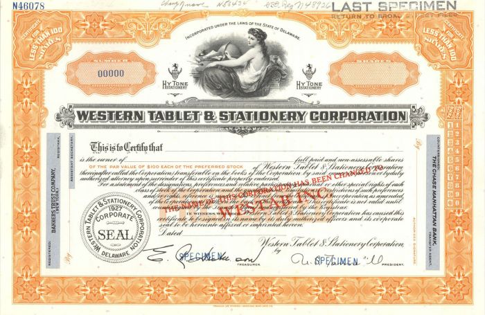 Western Tablet and Stationery Corporation - Specimen Stock Certificate