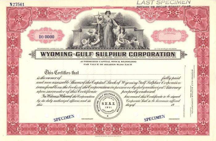 Wyoming-Gulf Sulphur Corporation - Specimen Stock