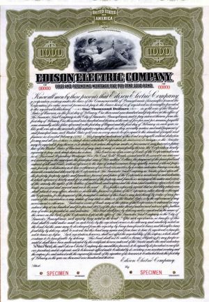 Edison Electric Co. - $1,000 Specimen Bond - General Electric Connection