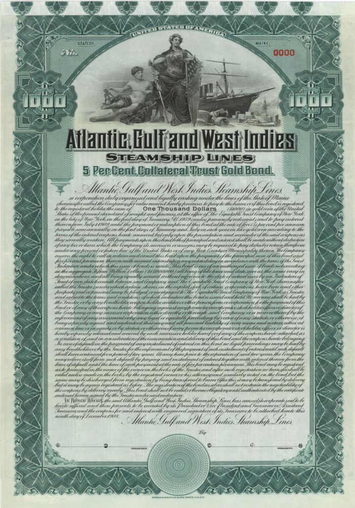 Atlantic, Gulf and West Indies Steamship Lines -  $1,000 Specimen Bond