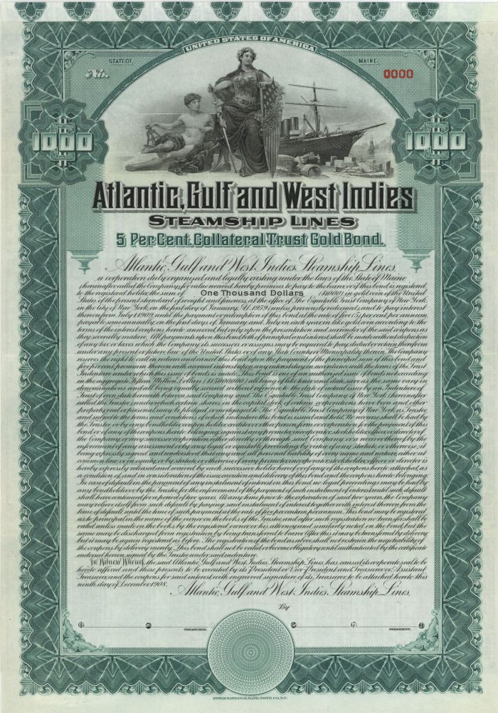 Atlantic, Gulf and West Indies Steamship Lines - $1,000 Specimen Bond