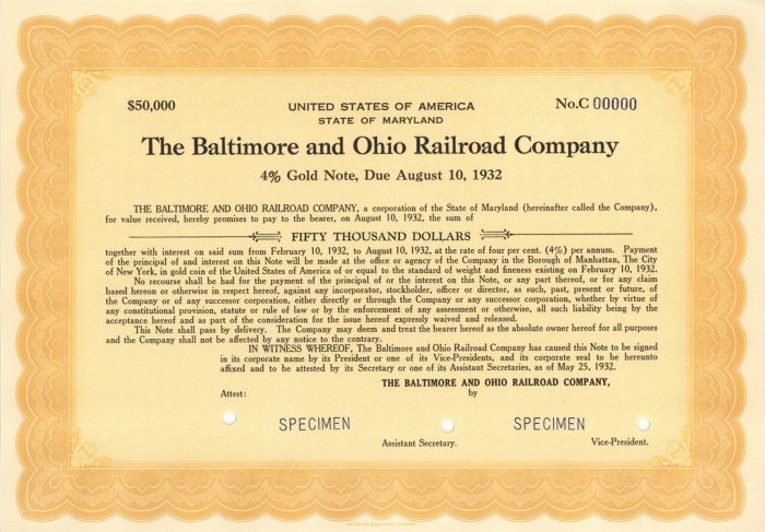 Baltimore and Ohio Railroad Co. - Specimen Bond