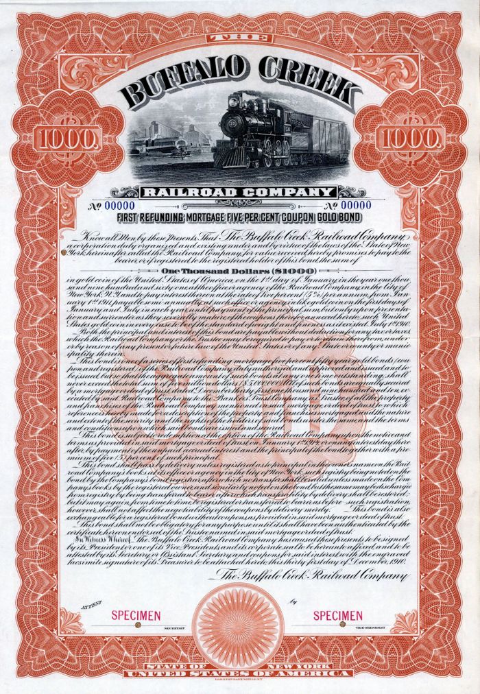 Buffalo Creek Railroad Co. - 1910 dated $1,000 Railway Specimen Bond