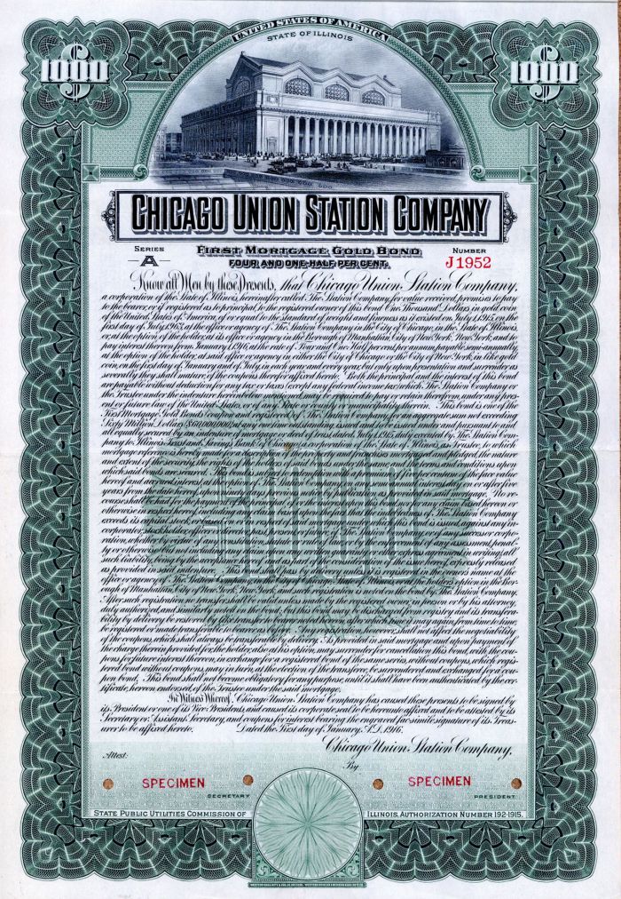 Chicago Union Station Co. - 1916 dated $1,000 Specimen Bond