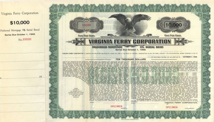 Virginia Ferry Corporation - $10,000 Specimen Bond