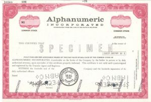 Alphanumeric Incorporated - Specimen Stock Certificate
