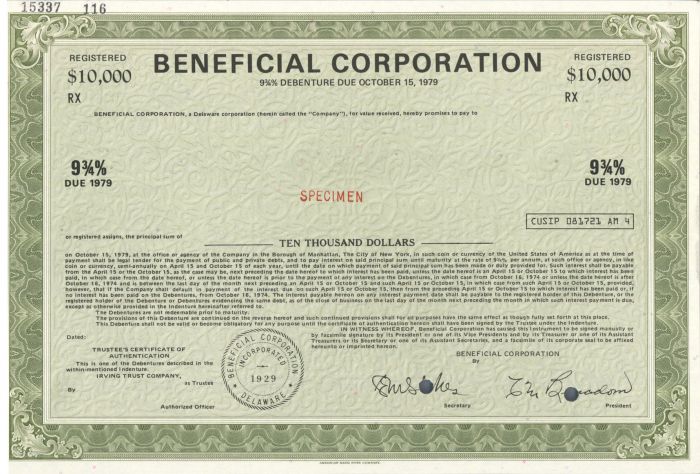 Beneficial Corporation - $10,000 Specimen Bond