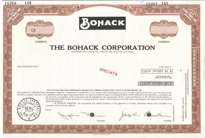 Bohack Corporation - Specimen Stock Certificate - Supermarket Chain